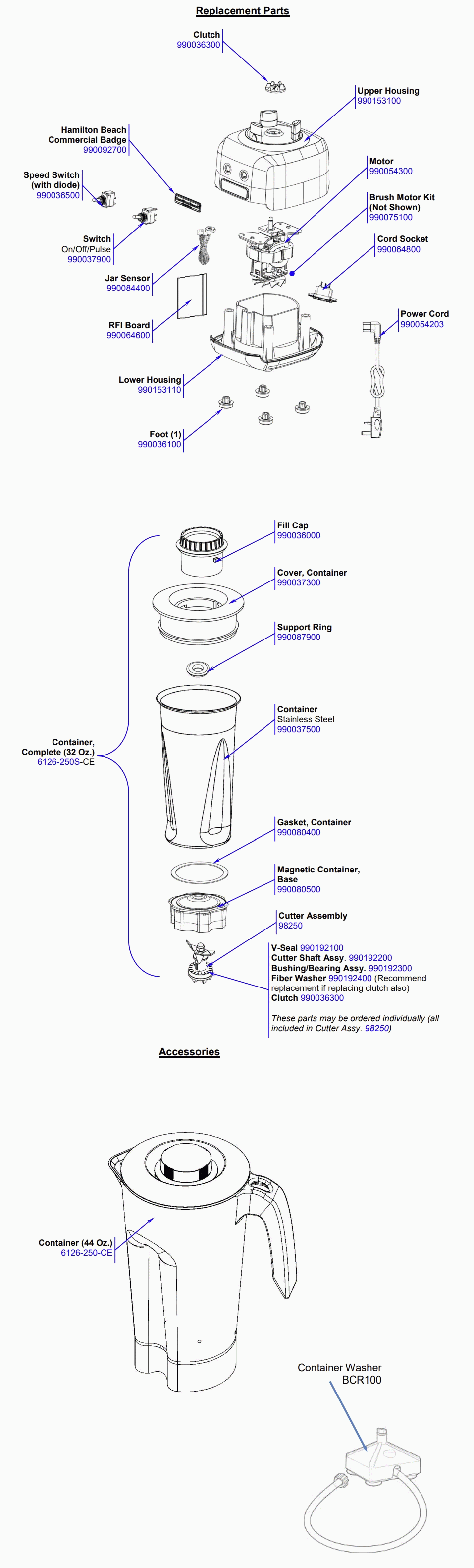 Diagram Diagram and Parts List for HBB250S-SA-L  Hamilton Beach Blender
